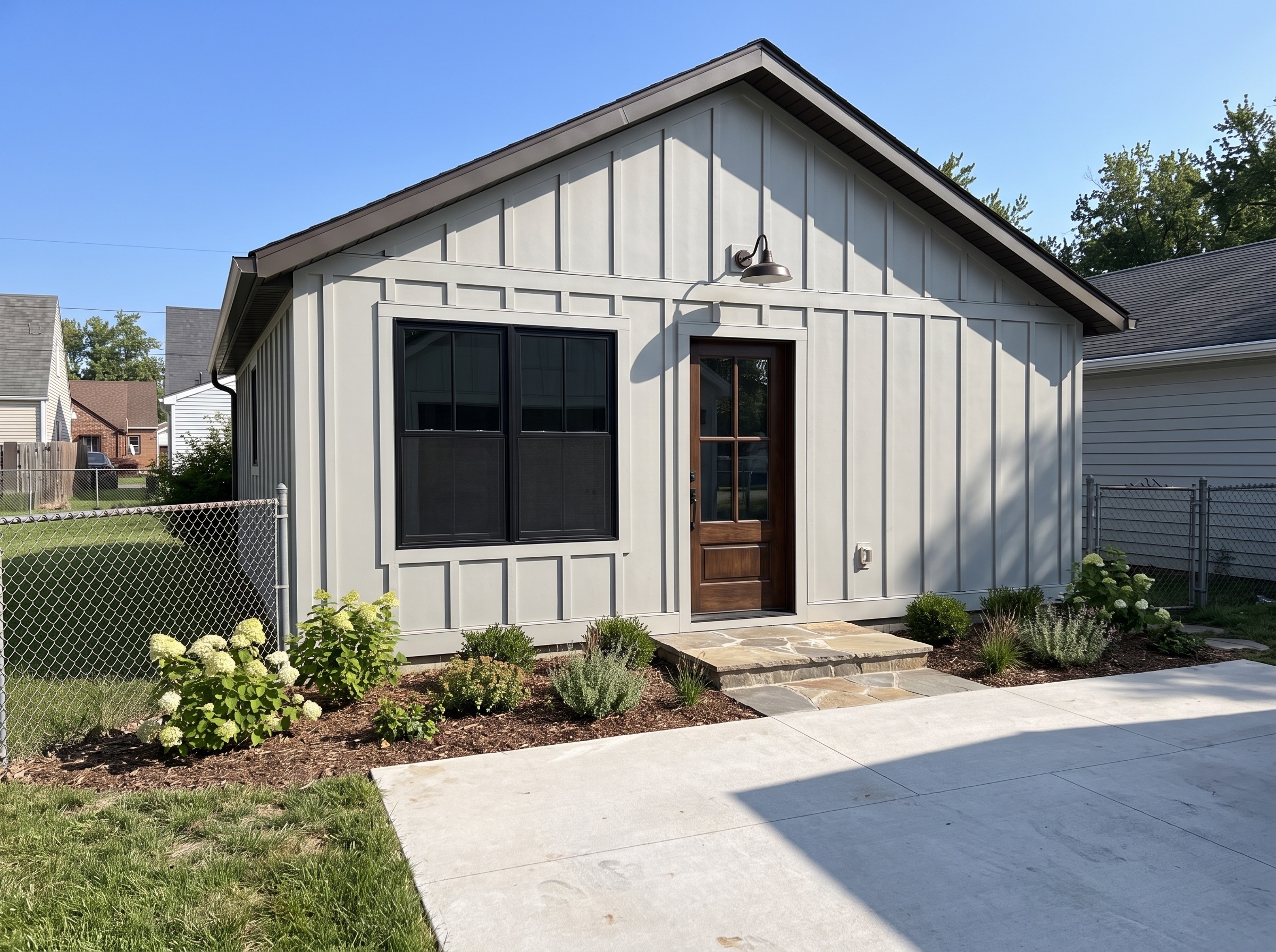 Finished farmhouse-style ADU created from a former two-car garage