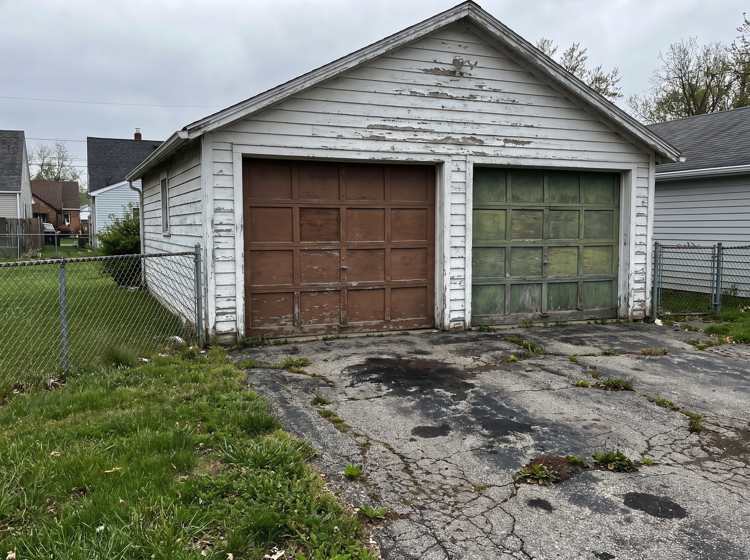 Old two-car garage before conversion into an accessory dwelling unit