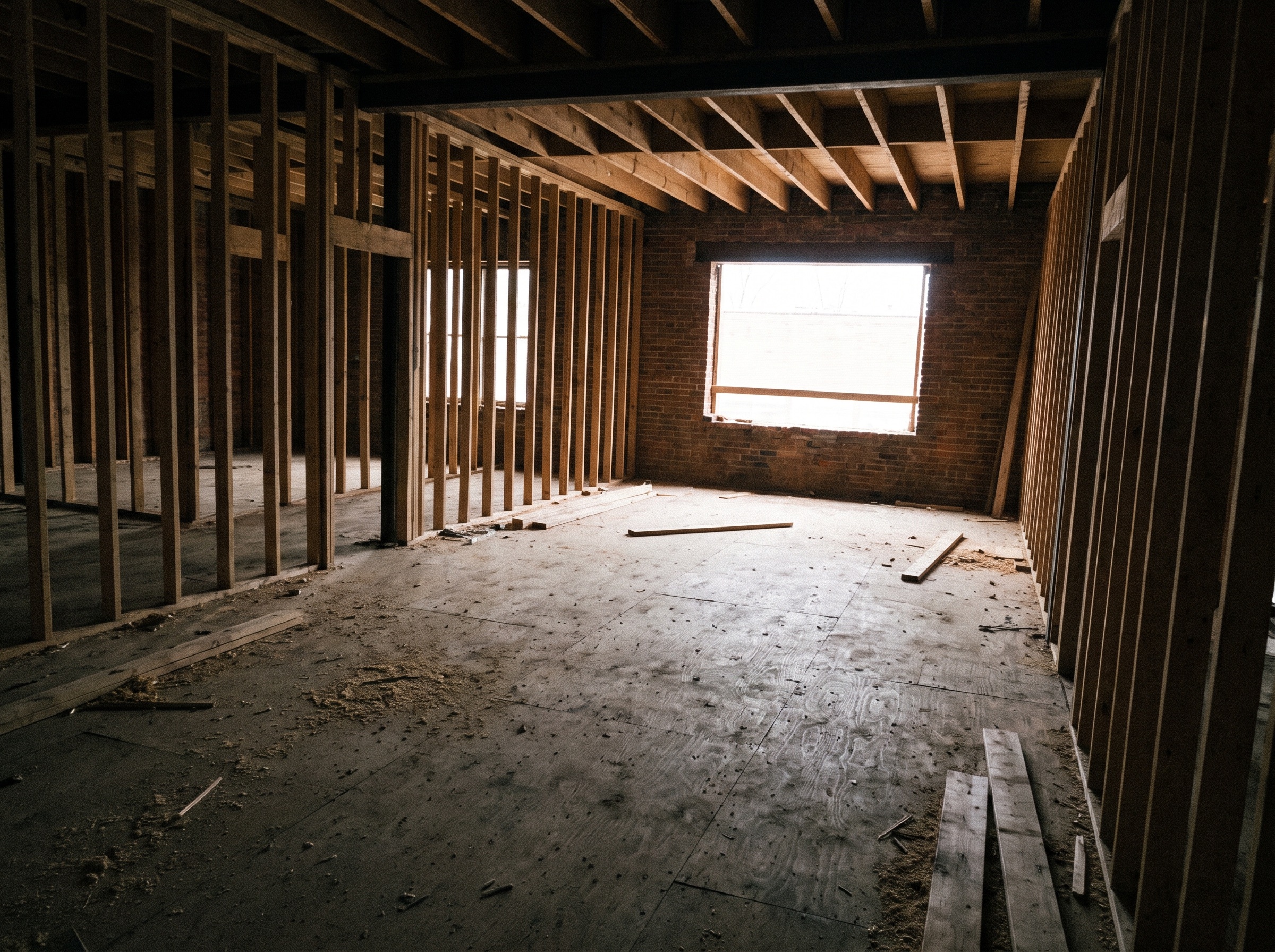 Unfinished interior space before conversion into an ADU living room